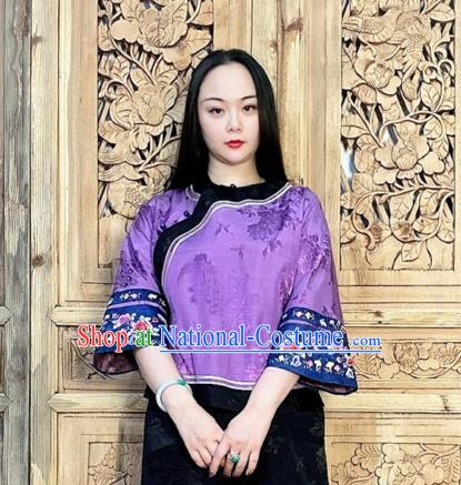 Chinese Traditional Purple Silk Blouse Tang Suit Upper Outer Garment Embroidered Cheongsam Shirt