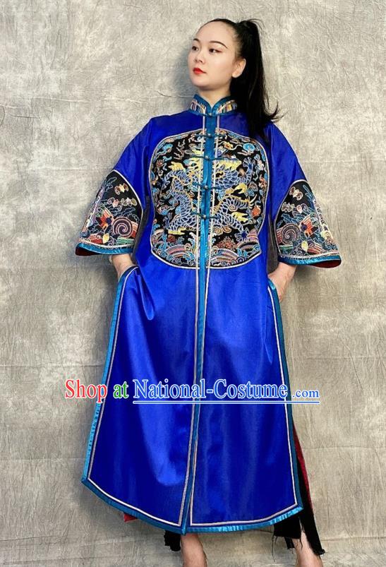 Chinese Tang Suit Overcoat Embroidered Royalblue Silk Dust Coat Traditional National Costume