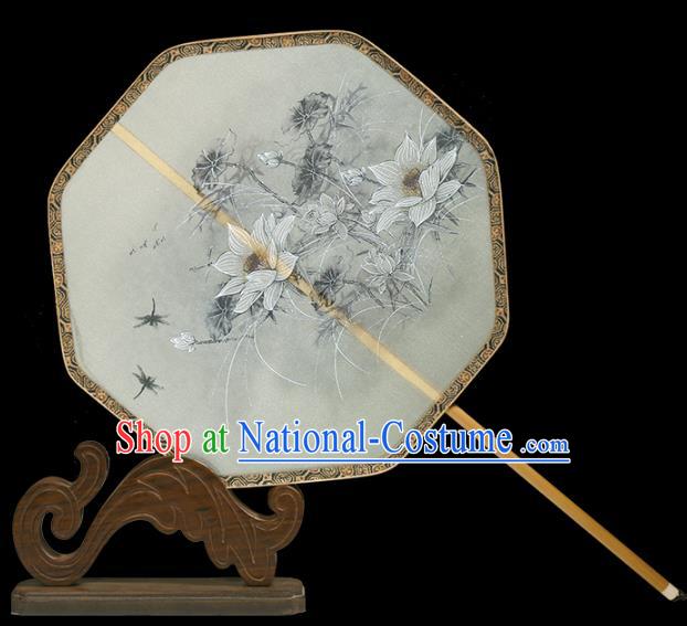 China Classical Lotus Pattern Silk Fan Handmade Hanfu Octagon Fan Traditional Ming Dynasty Palace Fan