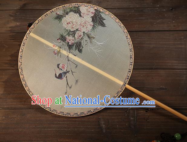 China Classical Peony Birds Pattern Silk Fan Traditional Ming Dynasty Palace Fan Handmade Hanfu Circular Fan