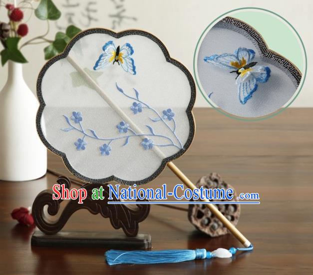 China Handmade Classical Dance Silk Fan Embroidered Plum Butterfly Palace Fan Traditional Hanfu Fan