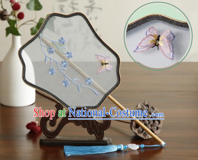 China Traditional Hanfu Fan Classical Dance Silk Fan Handmade Embroidered Plum Butterfly Palace Fan