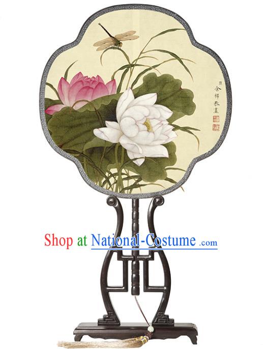 China Classical Lotus Pattern Palace Fan Handmade Silk Fan Traditional Song Dynasty Princess Fan