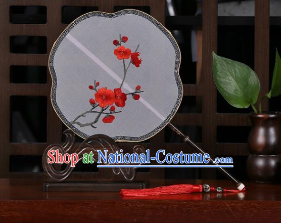 China Traditional Embroidered Red Plum Palace Fan Classical Dance Fan Handmade White Silk Fan