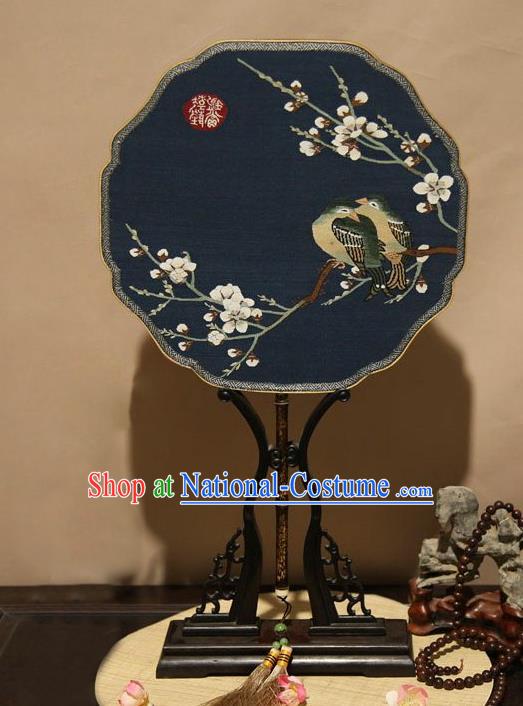 China Traditional Palace Fan Handmade Suzhou Craft Fan Classical Plum Blossom Pattern Navy Silk Fan