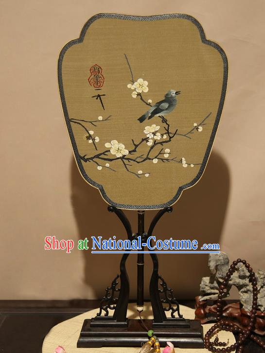 China Classical Plum Blossom Pattern Ginger Silk Fan Handmade Suzhou Craft Fan Traditional Palace Fan