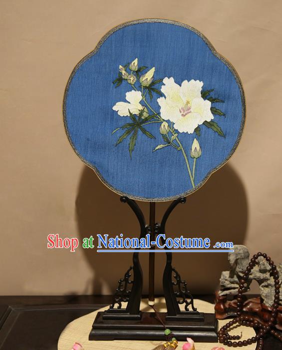 China Handmade Suzhou Fan Craft Traditional Dance Palace Fan Classical Gardenia Pattern Blue Silk Fan