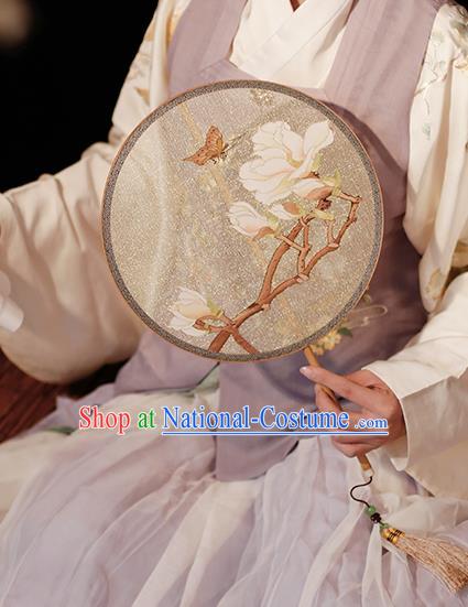 China Classical Painting Mangnolia Beige Silk Fan Handmade Palace Fan Traditional Ming Dynasty Princess Circular Fan