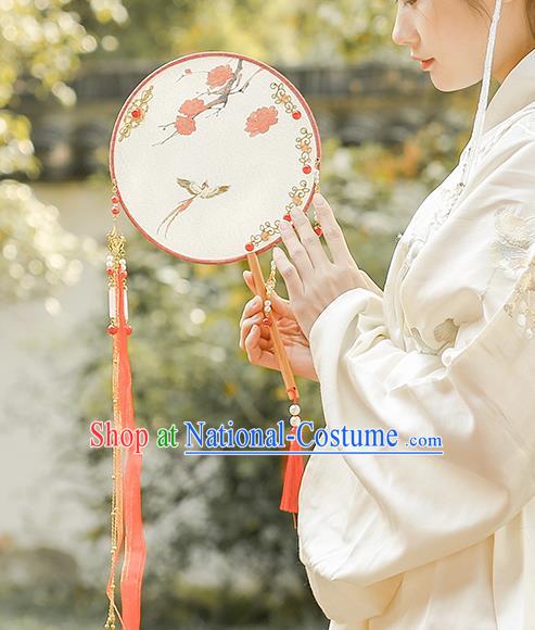 China Classical Circular Silk Fan Handmade Red Ribbon Tassel Palace Fan Traditional Ming Dynasty Princess Fan