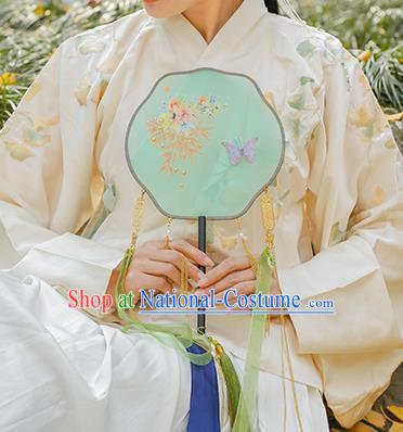 China Traditional Ming Dynasty Princess Fan Classical Silk Fan Handmade Green Ribbon Tassel Palace Fan