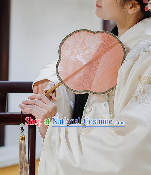 China Traditional Song Dynasty Princess Fan Handmade Palace Fan Classical Jacquard Pink Silk Fan