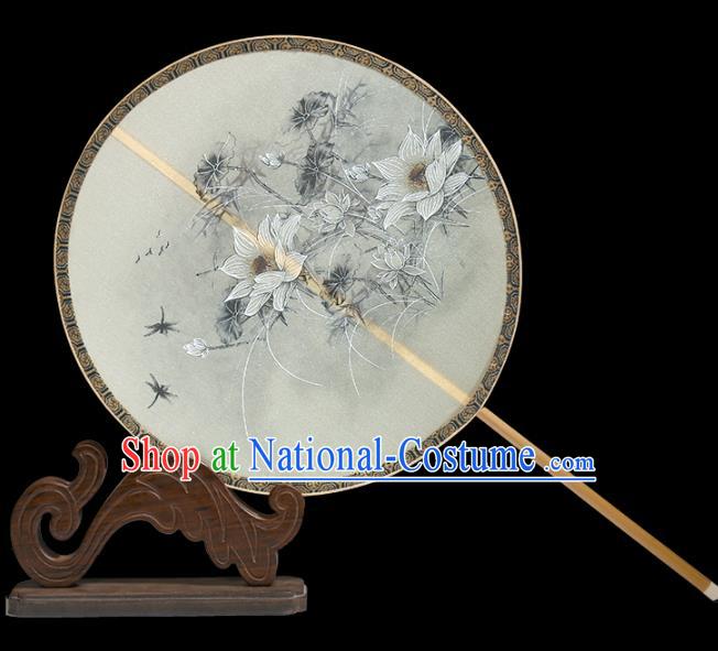 China Handmade Hanfu Circular Fan Traditional Palace Fan Classical Lotus Pattern Silk Fan