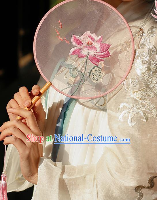 China Handmade Embroidered Lotus Palace Fan Classical Circular Silk Fan Traditional Hanfu Fan