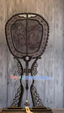 China Handmade Ebony Fan Traditional Carving Wood Fan Classical Palace Fan