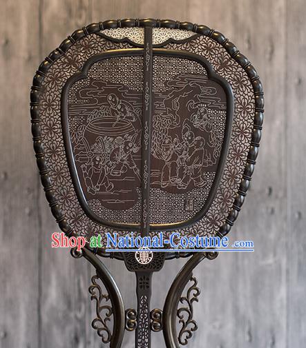 China Traditional Carving Wood Fan Classical Palace Fan Handmade Hollow Ebony Fan