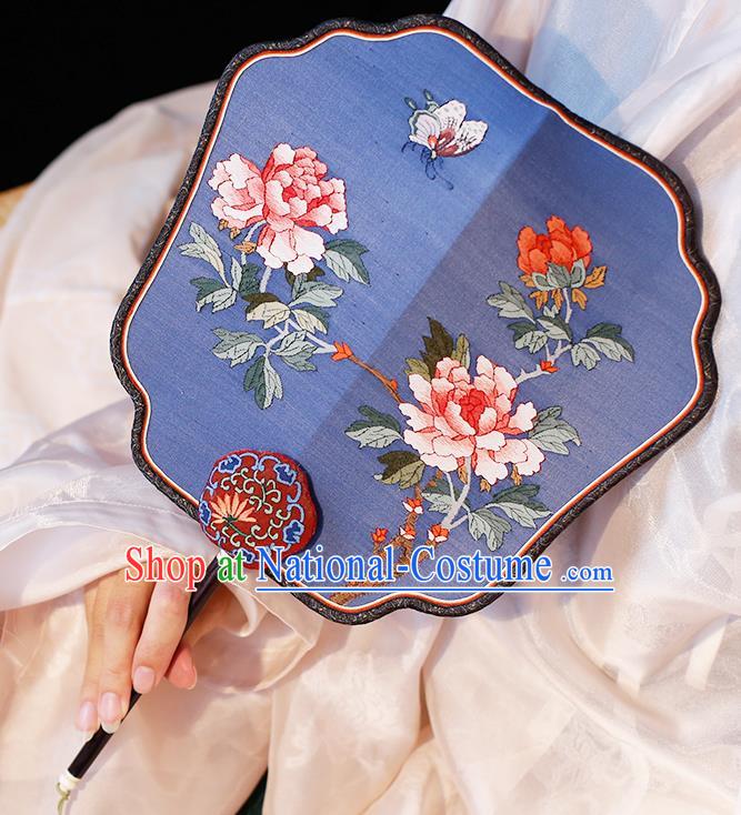 China Handmade Palace Fan Classical Peony Pattern Blue Silk Fan Traditional Ming Dynasty Hanfu Fan