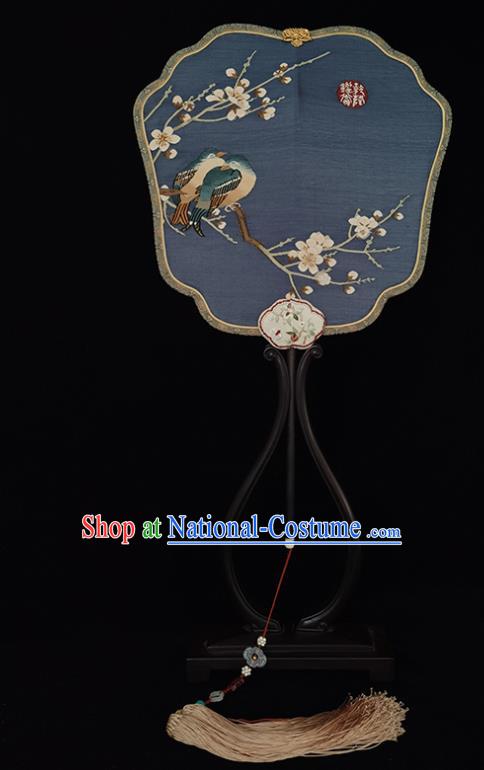 China Handmade Hanfu Fan Classical Palace Fan Traditional Qing Dynasty Court Blue Silk Fan