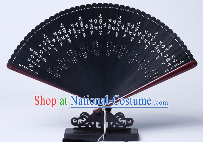 Chinese Classical Folding Fan Handmade Hollow Fan Traditional Black Bamboo Accordion