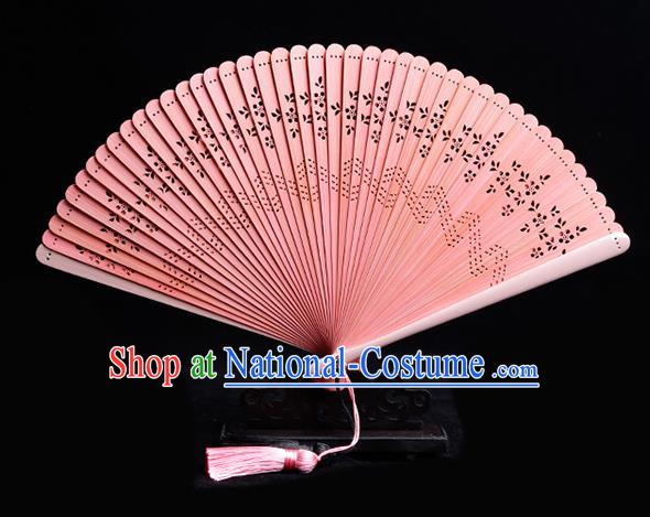 Chinese Handmade Hollow Fan Traditional Pink Bamboo Accordion Classical Folding Fan