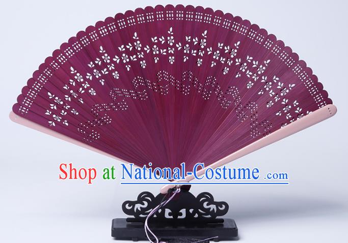 Chinese Traditional Purple Bamboo Accordion Classical Folding Fan Handmade Hollow Fan