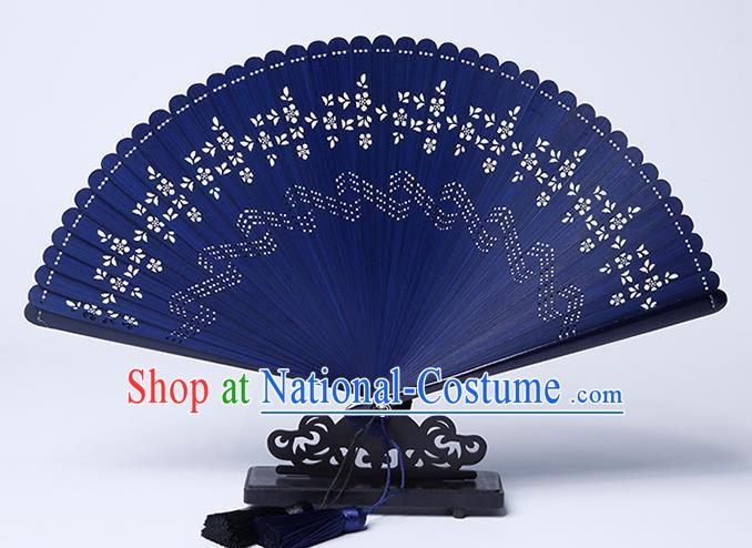 Chinese Handmade Hollow Sakura Fan Traditional Blue Bamboo Accordion Classical Dance Folding Fan