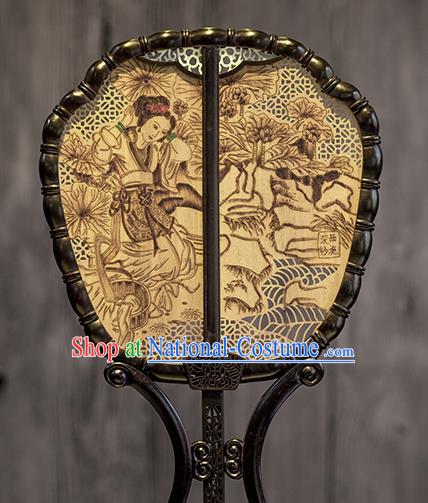 China Classical Beauty Xi Shi Pattern Palace Fan Handmade Hollow Rosewood Fan Traditional Carving Wood Fan