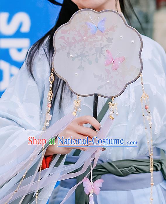 China Handmade Palace Fan Traditional Jin Dynasty Princess Silk Fan Classical Ribbon Tassel Fan