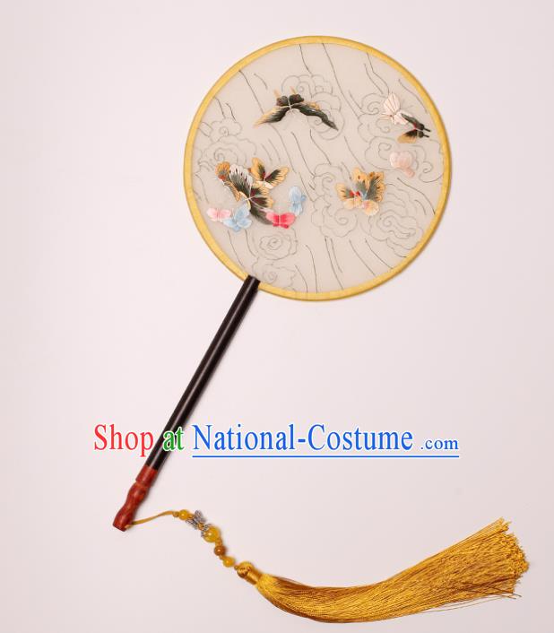 China Classical Dance Palace Fan Traditional Hanfu Silk Fan Handmade Embroidered Butterfly Circular Fan