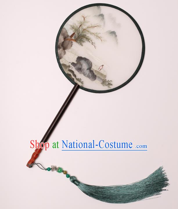 China Handmade Embroidered Landscape Circular Fan Classical Dance Palace Fan Traditional Hanfu Silk Fan