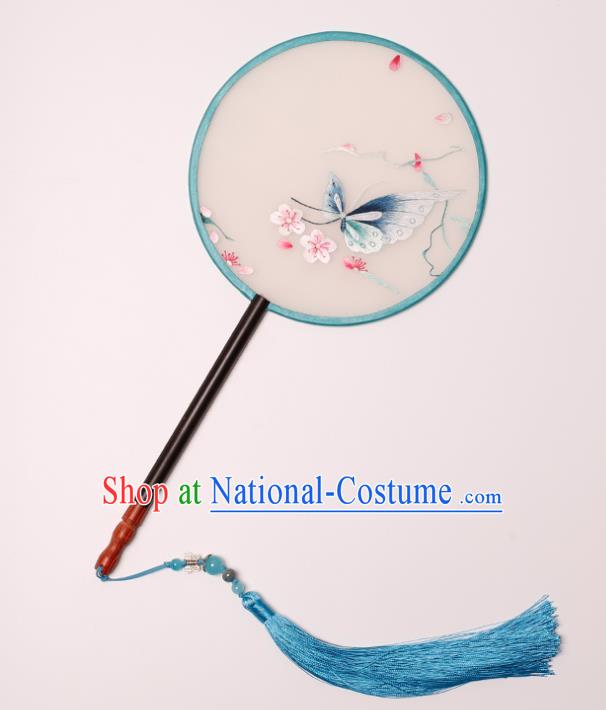 China Traditional Hanfu Silk Circular Fan Handmade Embroidered Butterfly Plum Fan Classical Palace Fan