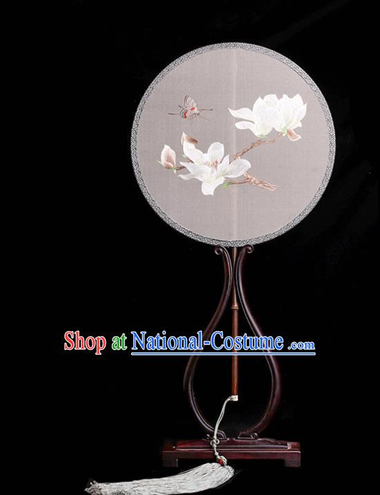 China Classical Silk Palace Fan Traditional Hanfu Fan Handmade Embroidered Mangnolia Circular Fan