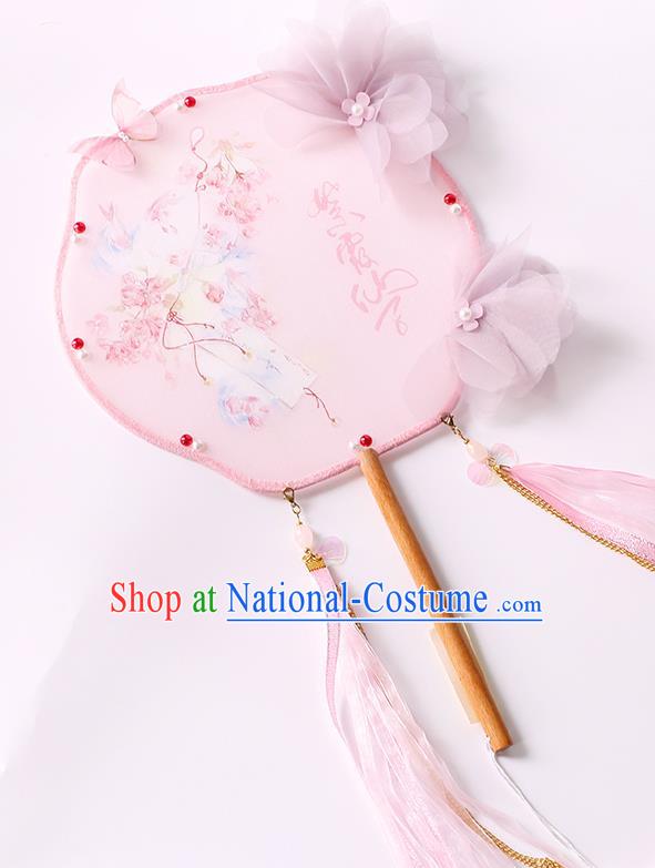 China Classical Pink Ribbon Tassel Fan Handmade Palace Fan Traditional Jin Dynasty Princess Silk Fan