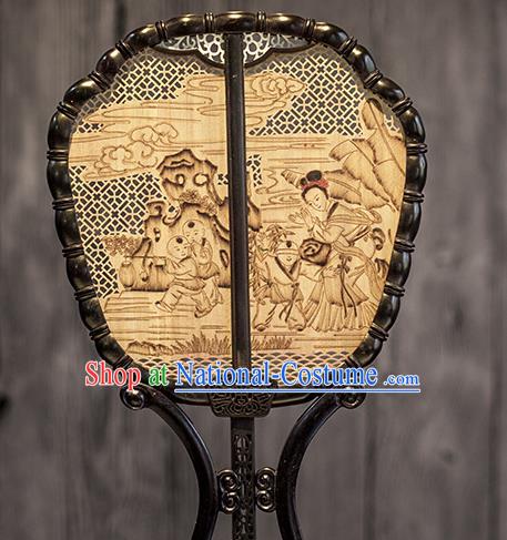 China Classical Playing Boys Painting Palace Fan Handmade Hollow Fan Traditional Carving Wood Fan