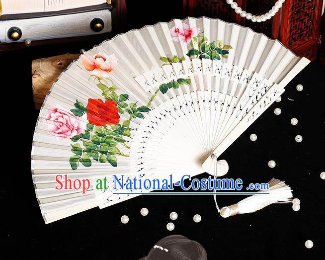 Chinese Hand Painting Rose Folding Fan Classical Fan Hollow Bones Accordion