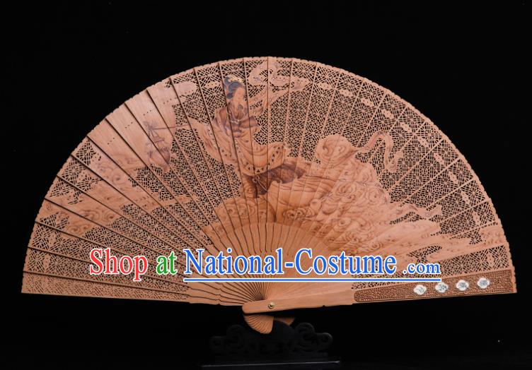 Chinese Handmade Carving Goddess Folding Fan Hollow Accordion Classical Sandalwood Fan