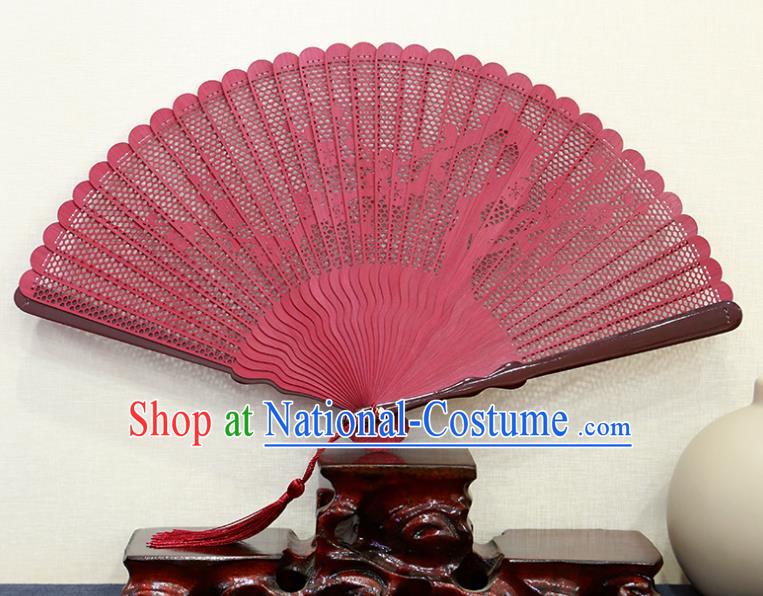 Chinese Classical Folding Fan Traditional Carving Plum Red Bamboo Accordion Handmade Hollow Fan