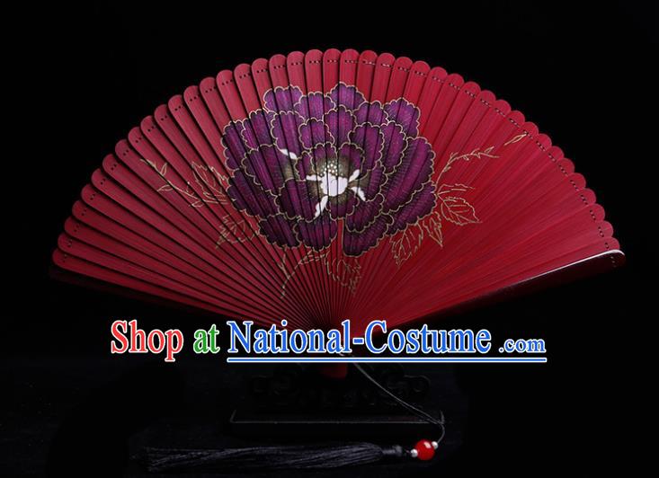 Chinese Traditional Red Bamboo Accordion Classical Folding Fan Handmade Painting Peony Fan