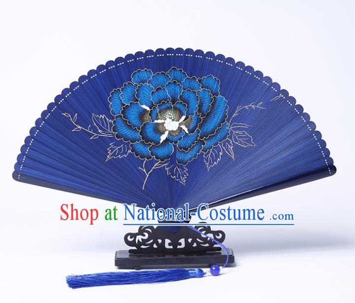 Chinese Handmade Painting Peony Fan Traditional Blue Bamboo Accordion Classical Folding Fan