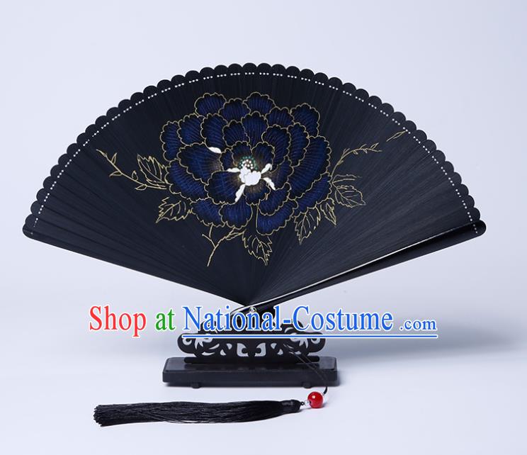 Chinese Classical Folding Fan Handmade Painting Peony Fan Traditional Black Bamboo Accordion