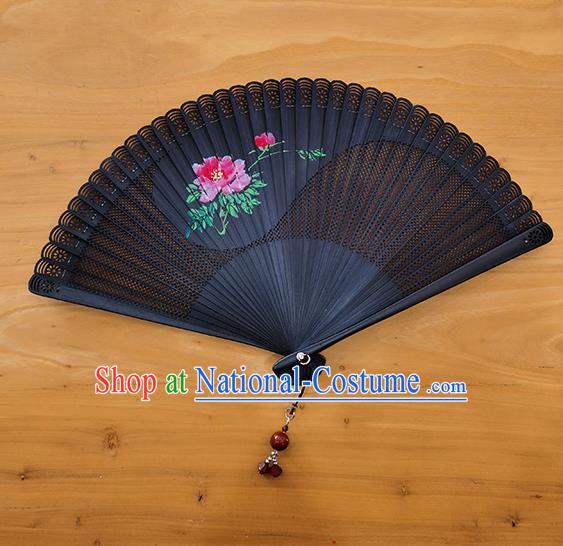 Chinese Traditional Black Bamboo Accordion Classical Tai Chi Folding Fan Handmade Painting Peony Hollow Fan