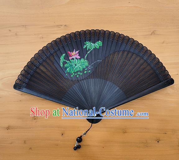 Chinese Handmade Painting Lotus Hollow Fan Traditional Black Bamboo Accordion Classical Tai Chi Folding Fan