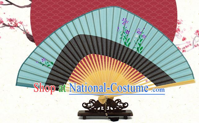 Chinese Printing Green Silk Fan Traditional Kung Fu Accordion Handmade Tai Chi Folding Fan