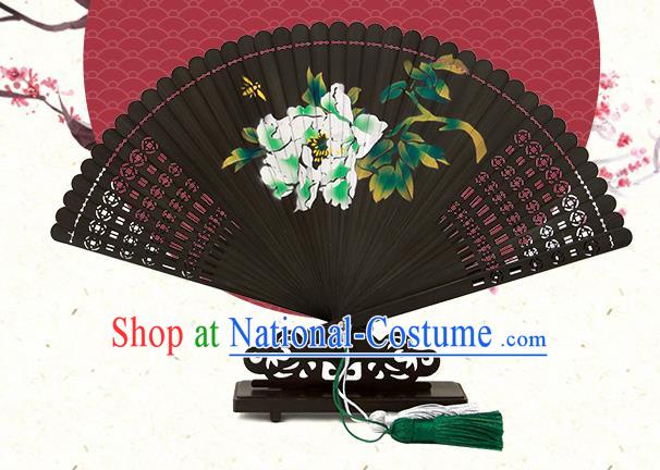 Chinese Handmade Kung Fu Folding Fan Traditional Printing Peony Black Bamboo Fan