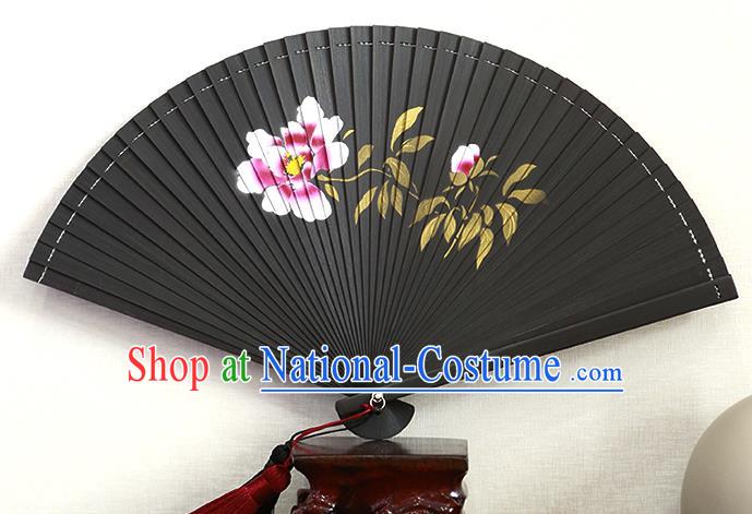 Chinese Traditional Printing Camellia Fan Kung Fu Folding Fan Handmade Hollow Black Bamboo Fan