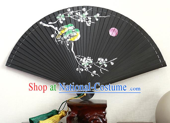 Chinese Handmade Hollow Black Bamboo Fan Traditional Printing Plum Blossom Fan Kung Fu Folding Fan