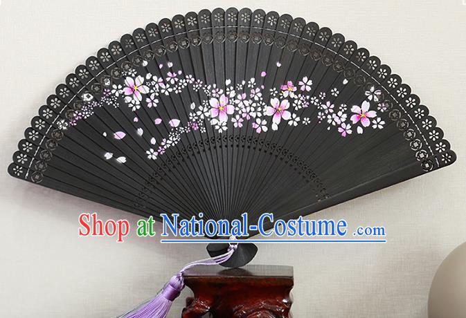 Chinese Traditional Kung Fu Folding Fan Handmade Hollow Black Bamboo Fan Printing Sakura Fan