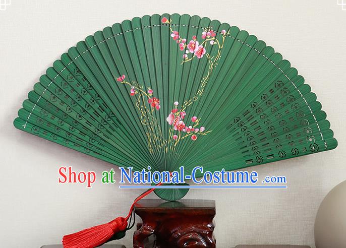 Chinese Printing Plum Blossom Folding Fan Traditional Kung Fu Fan Handmade Hollow Green Bamboo Fan