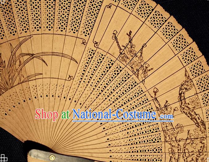 Chinese Ink Painting Bamboo Chrysanthemum Folding Fan Traditional Kung Fu Fan Handmade Sandalwood Fan