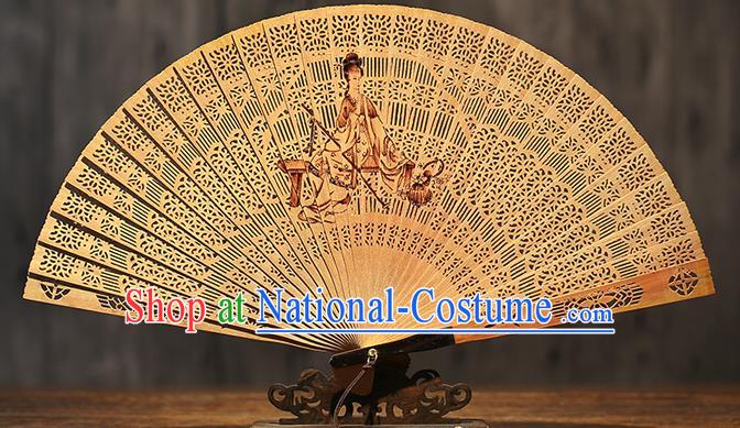 Chinese Traditional Kung Fu Fan Handmade Sandalwood Fan Ink Painting Goddess Folding Fan