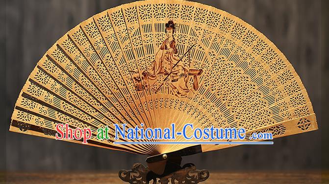 Chinese Traditional Kung Fu Fan Handmade Sandalwood Fan Ink Painting Goddess Folding Fan